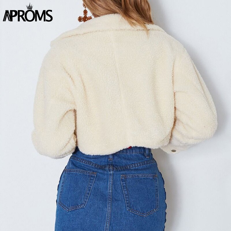 Christmas Gift Aproms Elegant Solid Color Cropped Teddy Jacket Women Front Pockets Thick Warm Coat Autumn Winter Soft Short Jackets Female