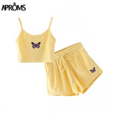 Christmas Gift Aproms Yellow Velvet Crop Top and Shorts Women 2 Pieces Set Summer Embroidery Cami Drawstring Shorts Female Loungewear Suit