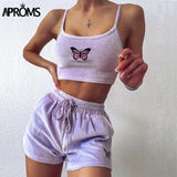 Christmas Gift Aproms Yellow Velvet Crop Top and Shorts Women 2 Pieces Set Summer Embroidery Cami Drawstring Shorts Female Loungewear Suit