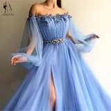 Sexy Slit Chiffon Long Evening Dresses  Women Formal Gowns Lantern Sleeves Prom Gowns For Party Flowers Vestidos De Fiesta