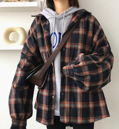 Christmas Gift  Harajuku Autumn Plaid Thin Section Wool Cardigan Korean Puff Sleeve Slim Warm Shirt Jacket Retro Casual Women Button Top