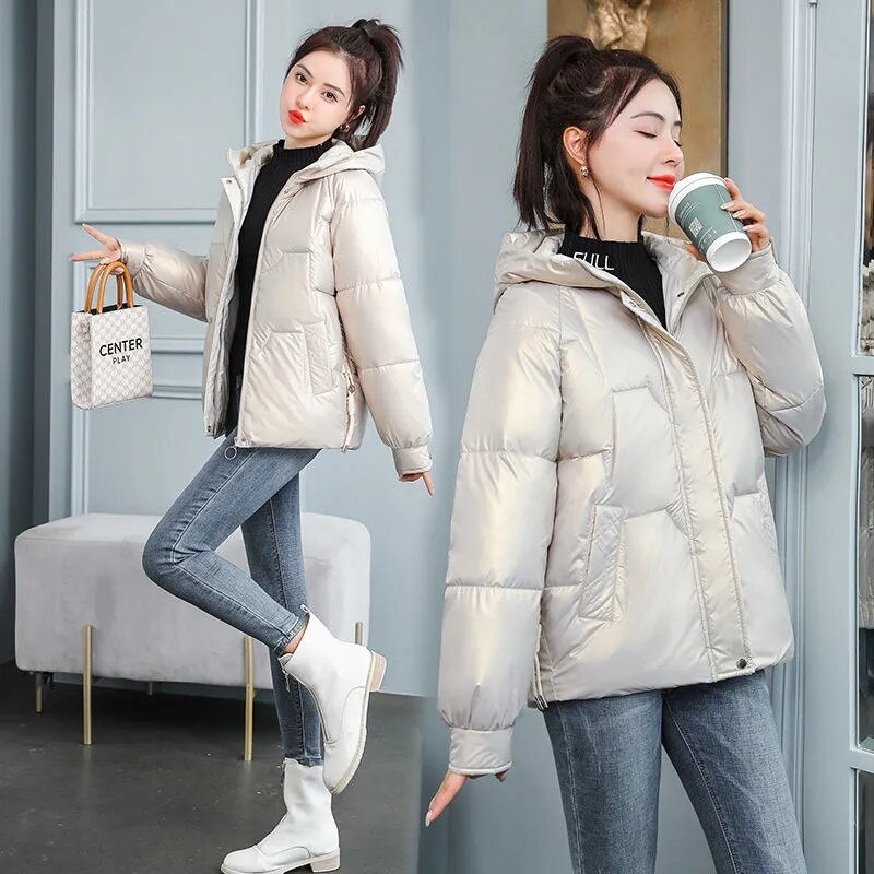 Christmas Gift  New Women's Coats Winter Jacket Fashion Glossy Hooded Jackets Parkas Thick Warm Female Cotton Padded Parka Coat Outwear