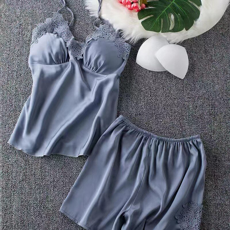 Women Pajamas 5PCS Pajamas Sets Satin Sleepwear Pijama Silk Home Wear Clothing Sexy Lace Sleep Lounge Pyjamas with Chest Pads