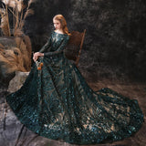 solvbao    Long Evening Dresses  Elegant Muslim Mermaid Long Sleeve Sequined Hunter Green Prom Party Formal Gown