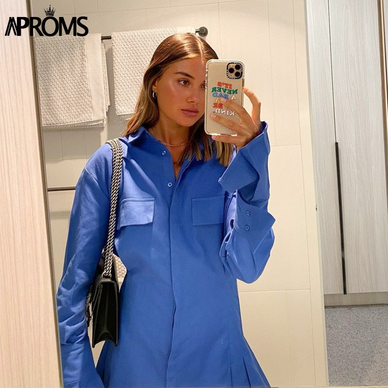 Christmas Gift Aproms Elegant Blue Cotton Shirt Dress Women Spring  High Fashion Solid Color Flared Sleeve Bodycon Mini Dresses OL Vestidos