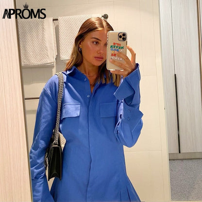 Christmas Gift Aproms Elegant Blue Cotton Shirt Dress Women Spring  High Fashion Solid Color Flared Sleeve Bodycon Mini Dresses OL Vestidos