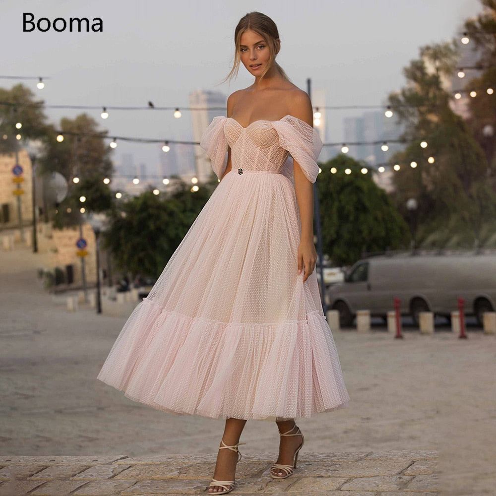 Solvbao Blush Pink Short Prom Dresses  Off Shoulder Tiered Skirt A-Line Party Dresses Pleated Tea-Length Tulle Formal Gowns