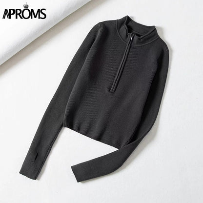 Christmas Gift Aproms Elegant High Neck Zipper Front Knitted Sweater Women Solid Basic Cropped Pullover Winter Spring Fashion Clothing Top