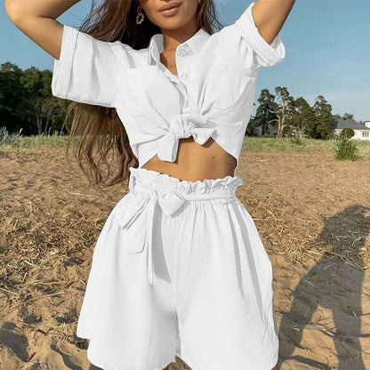 Casual Summer Shirts Two Piece Set Women Short Sleeve Button Tops And High Waist Shorts Fashion Retro Female Solid Suits Outfits