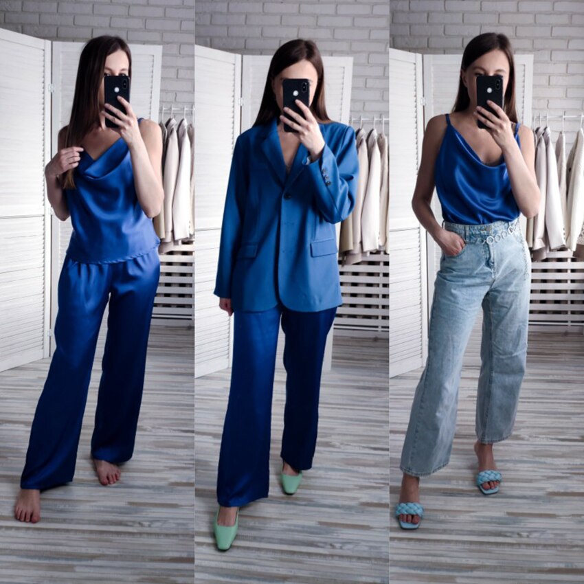 solvbao Blue Sleeveless Sexy Pyjamas For Women Sleepwear Satin Two Piece Set Elastic Waist Flare Pants Home Suit Sets Spring