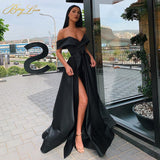 Off Shoulder Satin Evening Dresses Long Sexy High Slit Evening Gown Elegant High Waist Prom Dress Robe De Soiree