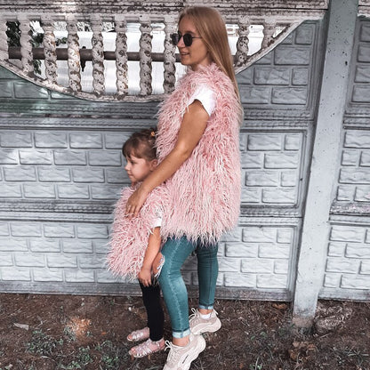 Christmas Gift  Autumn Winter Mother & Daughter Shaggy Faux Fur Vest Fashion Fluffy Sleeveless Waistcoat Outfits Street Fur Jacket Coats