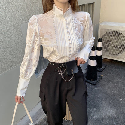 Back to college outfits Solvbao Korean Two-Piece Set Women  Winter New Temperament Stand-Up Collar Puff Sleeve Shirt Tops Female + Harem Pants Suit Female fx0615