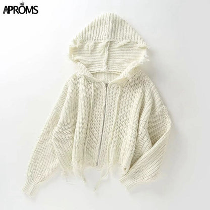 Christmas Gift Aproms Casual Tassel Hooded Knitted Sweater Women Zipper Loose Cropped Cardigans  Winter Coat Cool Gilrs Streetwear Jumper