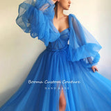 solvbao Simple Blue Prom Dresses Long Puff Sleeves Exposed Boning Illusion Evening Dresses High Slit Tulle A-Line Formal Gowns