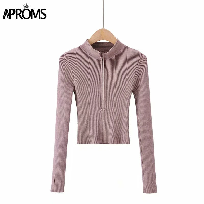 Christmas Gift Aproms Elegant High Neck Zipper Front Knitted Sweater Women Solid Basic Cropped Pullover Winter Spring Fashion Clothing Top