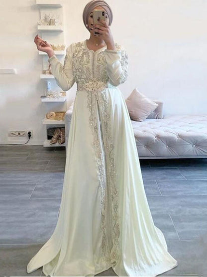 Solvbao Lace Beaded White Ivory Moroccan Caftan Dress Long Sleeve Islamic Dubai Saudi Arabic Formal Evening Dress Abaya Prom Dress