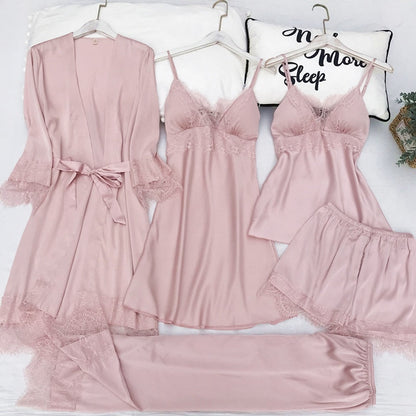 5PCS Pajamas Set Silk Satin Womens Lace Nightwear Spring Strap Pyjamas Suit Female Lounge Sleepwear with Chest Pads Home Wear