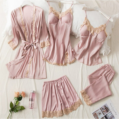 Women Pajamas 5PCS Pajamas Sets Satin Sleepwear Pijama Silk Home Wear Clothing Sexy Lace Sleep Lounge Pyjamas with Chest Pads