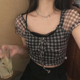 Christmas Gift  Summer New Plaid Tshirts Women Retro Square Collar Shirt Casual Lace Tees Puff Sleeve Crop Tops Female Korean Fashion