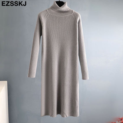 Christmas Gift  Autumn Winter long thick Sweater Dress Women turtleneck long Sleeve straight maix Dress female girl warm long dress