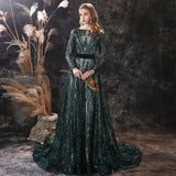 solvbao    Long Evening Dresses  Elegant Muslim Mermaid Long Sleeve Sequined Hunter Green Prom Party Formal Gown