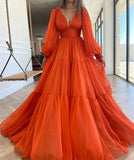 Sevintage Long Puff Sleeves Prom Dresses V-Neck Pleats Chiffon Princess Evening Gowns Women Party Dress Plus Size