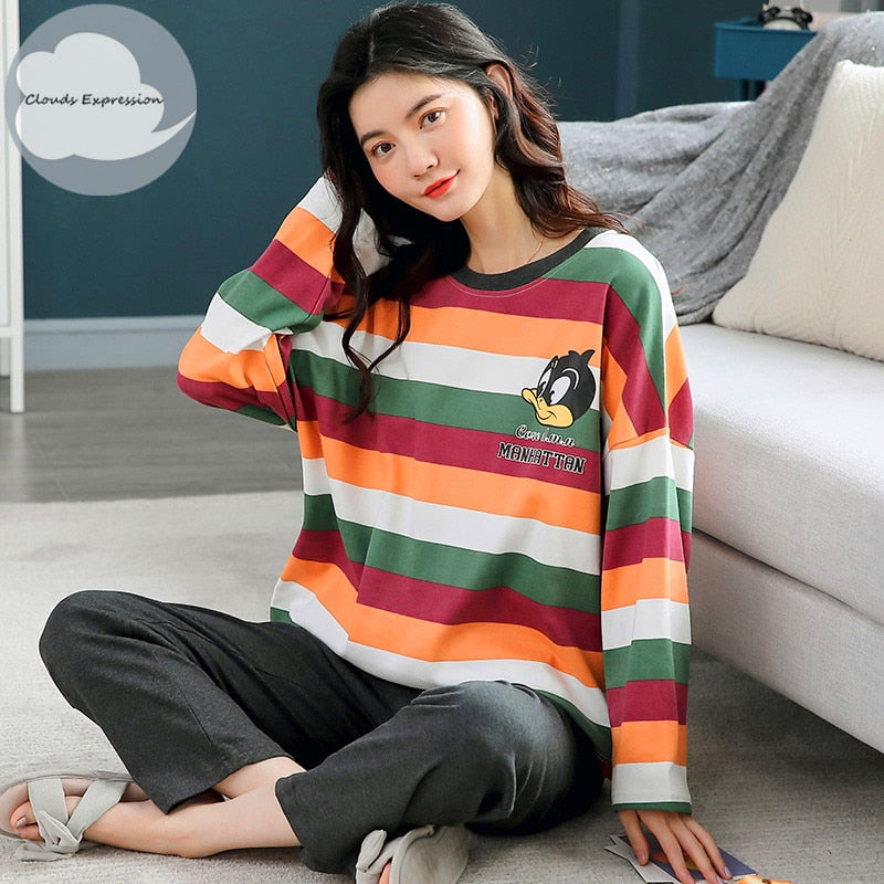 Spring Autumn Women's Sleep Lounge Pajama Long Sleeved Woman Pajama Set Cartoon Pyjamas Cotton Sleepwear M L XL XXL XXXL Fashion