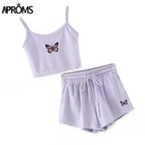 Christmas Gift Aproms Yellow Velvet Crop Top and Shorts Women 2 Pieces Set Summer Embroidery Cami Drawstring Shorts Female Loungewear Suit