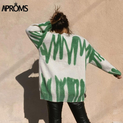 Christmas Gift Aproms Green Stripes Print Oversized Sweaters Women Winter Korean Fashion Long Pullovers Christmas Streetwear Loose Outwear