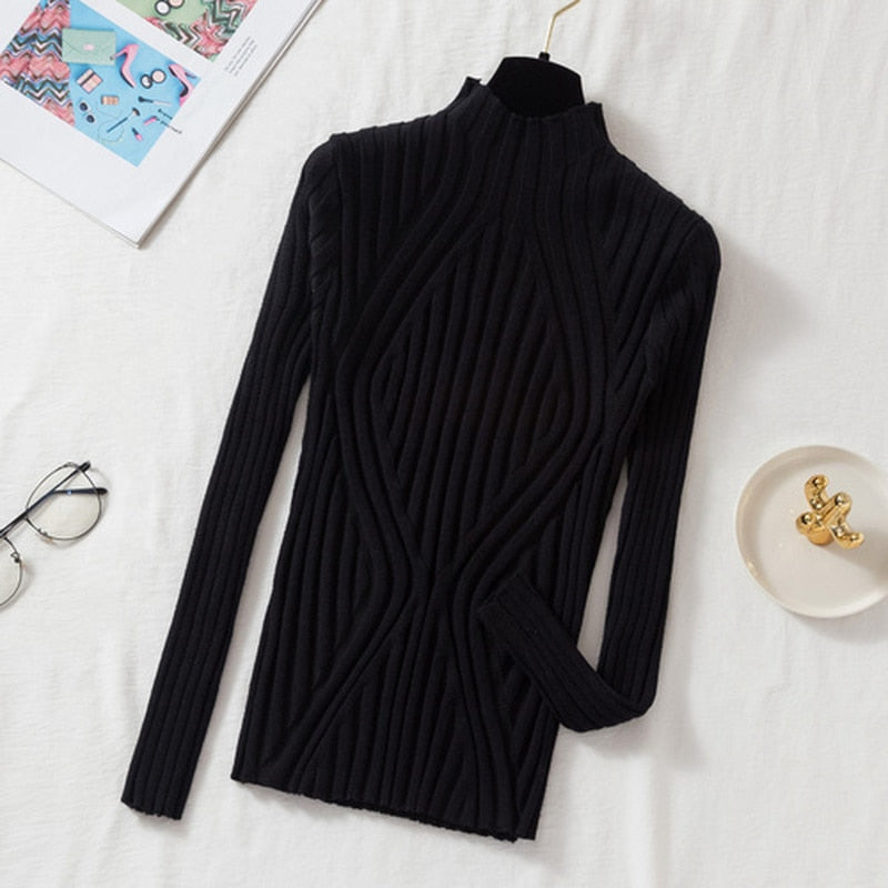 Christmas Gift  Autumn Rainbow Slim Solid Sweater Tops Pullover Knitted Sweater Women Casual Long Sleeve Office Lady Jumper Sweater 17041