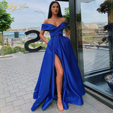 Off Shoulder Satin Evening Dresses Long Sexy High Slit Evening Gown Elegant High Waist Prom Dress Robe De Soiree