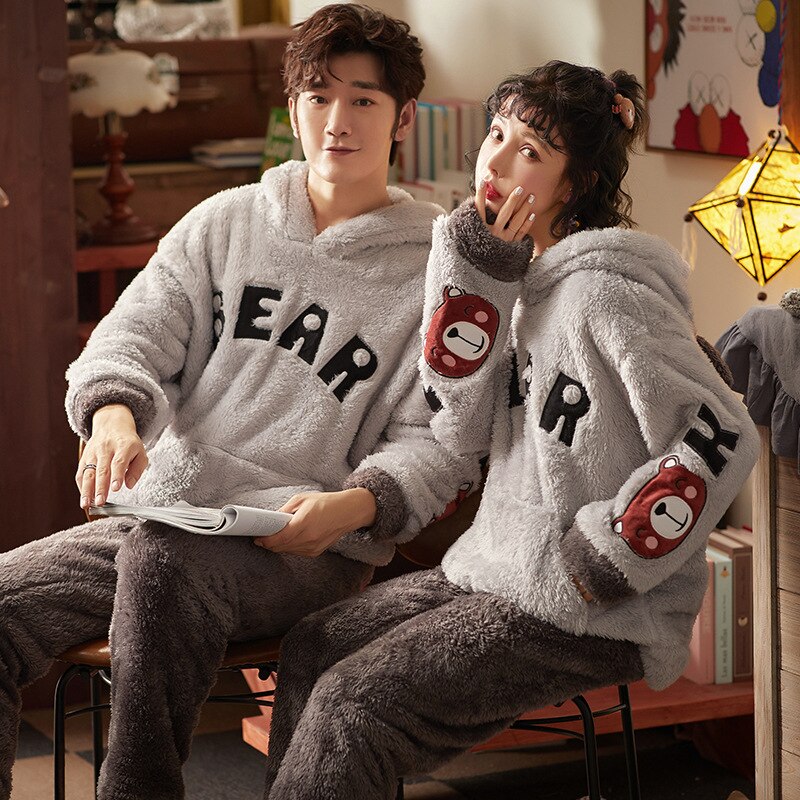 solvbao Couples Pajamas Set Coral Fleece Sleepwear Autumn Winter New Cute Lounge Wear Casual Pyjamas Suit Nightwear Panda Home Clothes