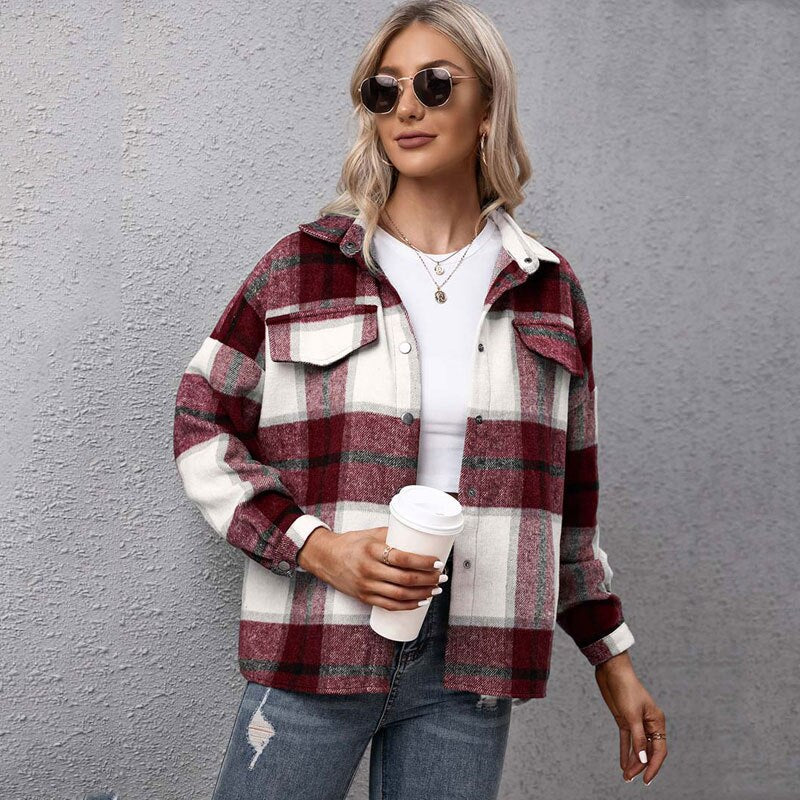 Christmas Gift  Autumn Checkered Jacket Women Winter Plaid Jacket Overshirt Ladies Warm Thicken Button Shirt Jacket Coat Women