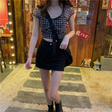 Christmas Gift  Summer New Plaid Tshirts Women Retro Square Collar Shirt Casual Lace Tees Puff Sleeve Crop Tops Female Korean Fashion