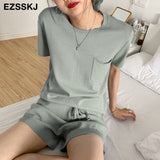 Christmas Gift  casual oversize Knitted Tracksuit  women knit camisole +shorts 2 Pieces knit Set female chic loose t-shirt + shorts suits