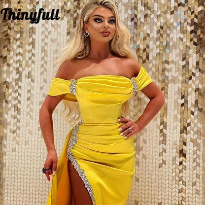 Sexy Prom Dresses Off Shoulder Beading High Split Evening Dress Saudi Arabia Mermaid Fashion  Cocktail Party Gowns