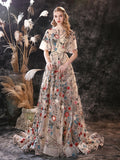 Floral Embroidery Evening Dresses  Long Dress Colorful Tulle Short Sleeve Court Train Romantic Prom Gown Party Women Wear