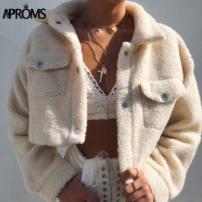 Christmas Gift Aproms Elegant Solid Color Cropped Teddy Jacket Women Front Pockets Thick Warm Coat Autumn Winter Soft Short Jackets Female