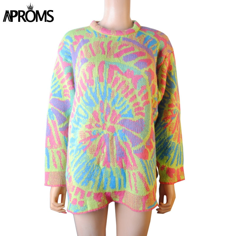 Christmas Gift Aproms Elegant Multi Color Print Oversized Sweater Women  Spring Stretch Knitted Pullovers Streetwear Fashion Loose Jumpers