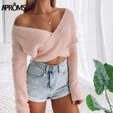 Christmas Gift Aproms Pink Fluffy Knitted Sweater Women Autumn Winter V-neck Wrap Front Basic Cropped Pullovers Fashion Outerwear Jumper