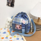 solvbao New Summer Bucket Bag Women Plaid Nylon Bag Girls Small Crossbody Bags Handbag Mobile Phone Bag Drawstring Shoulder Bag Bolsos