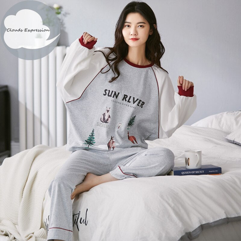 Spring Autumn Women's Sleep Lounge Pajama Long Sleeved Woman Pajama Set Cartoon Pyjamas Cotton Sleepwear M L XL XXL XXXL Fashion