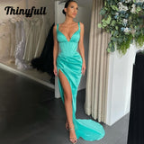 Graduation dress Sexy Prom Dresses  V-neck Satin High Split Evening Dress Saudi Arabia Mermaid Sleeveless Long Cocktail Party Gown