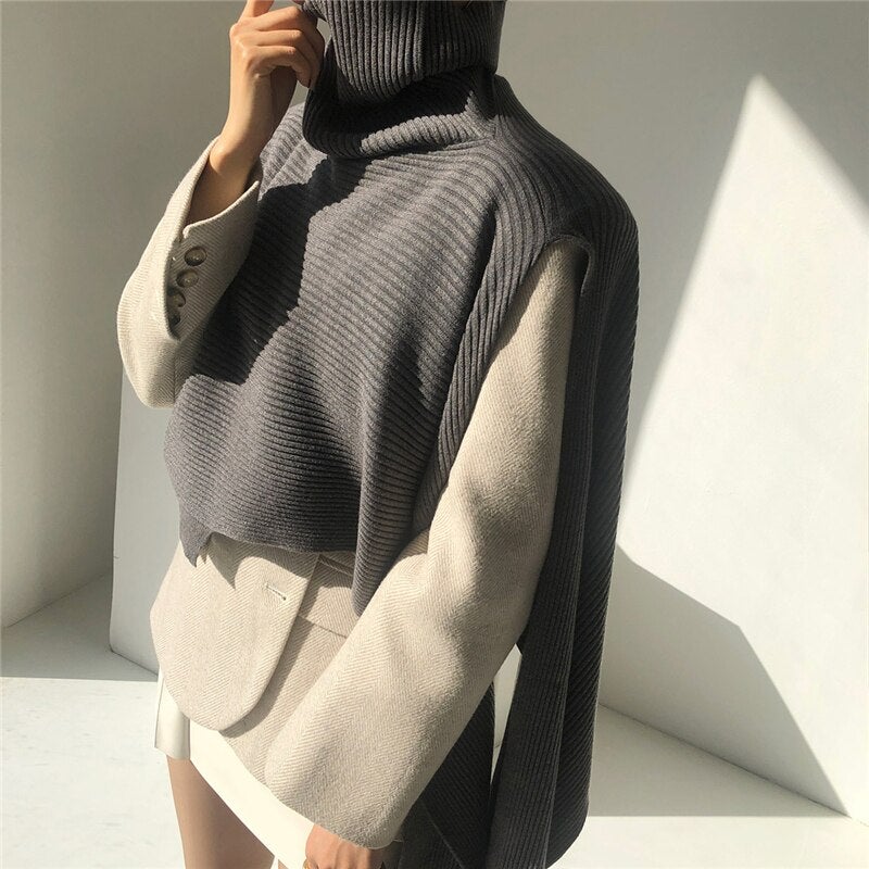 Christmas Gift  New Autumn Winter Women Sweater Sleeveless Vest Waistcoat Turtleneck Irregular Cloak Knitted Short Tops SWV3638