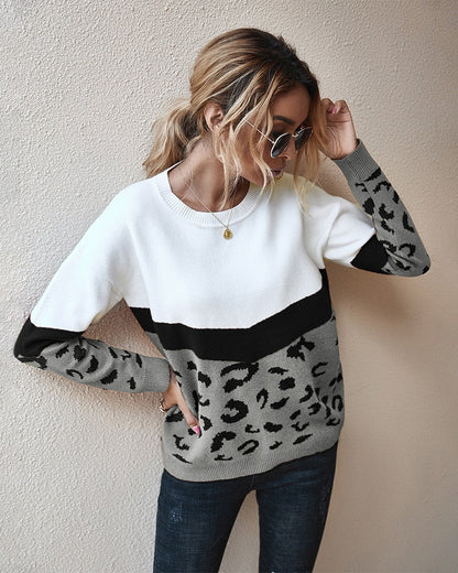 Christmas Gift  Fashion Leopard Patchwork Autumn Winter Ladies Knitted Sweater Women O-neck Full Sleeve Jumper Pullovers Top