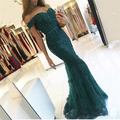 Solvbao  Mermaid Off The Shoulder Long Prom Dress Sweetheart Lace Appliques Sequined Women Evening Party Gowns  Vestidos De Fiesta