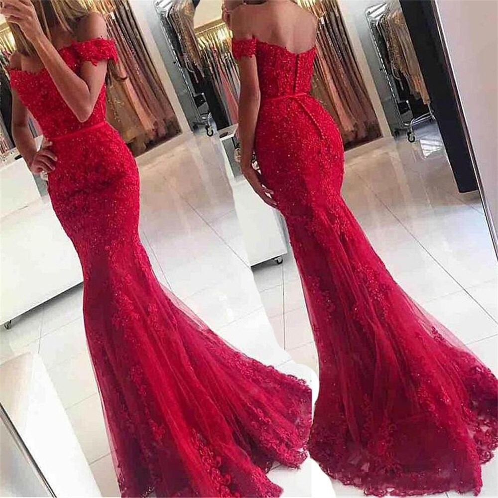 Solvbao  Mermaid Off The Shoulder Long Prom Dress Sweetheart Lace Appliques Sequined Women Evening Party Gowns  Vestidos De Fiesta