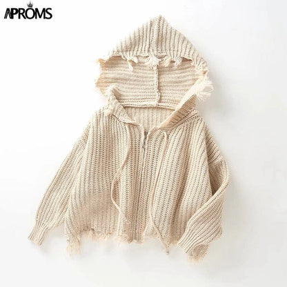 Christmas Gift Aproms Casual Tassel Hooded Knitted Sweater Women Zipper Loose Cropped Cardigans  Winter Coat Cool Gilrs Streetwear Jumper