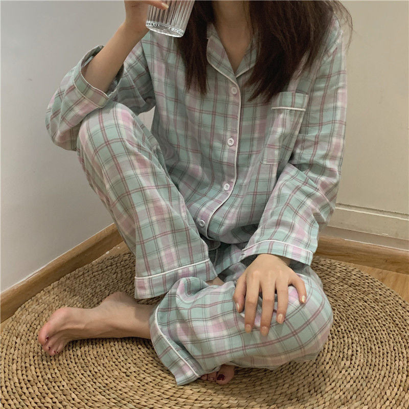 Cotton Home Suits Korean Sleepwear Plaid Print Pajamas for Women Summer  Pyjamas Girls Pijama Short and Long Sleeve Pjs Set